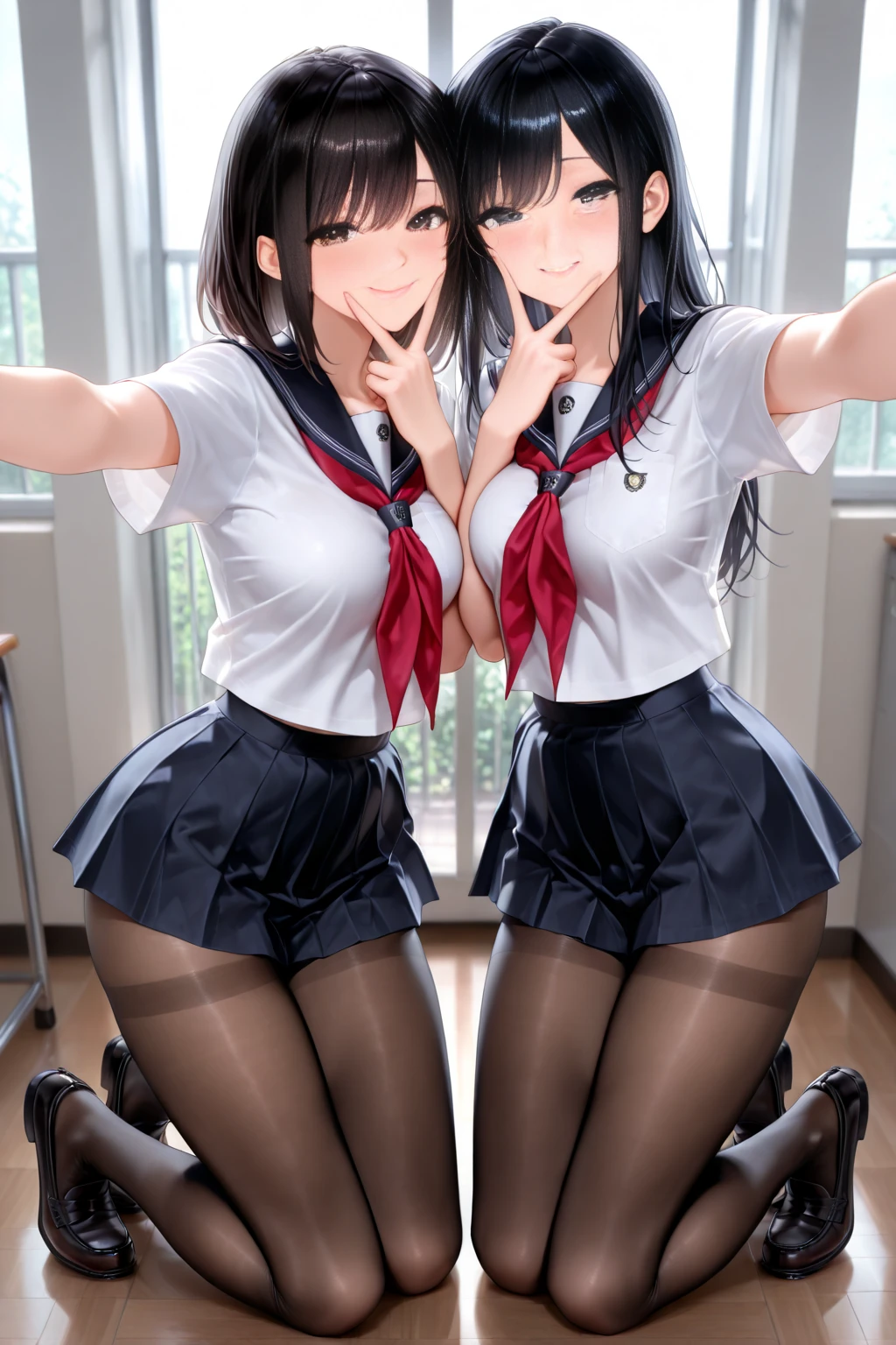 masterpiece, Highest quality, Black Haired Beautiful Girl(Blue Eyes、big eyes)、Straight Long Hair(swept bangs)high school girl、Blazer-type uniform(ribbon(Red stripes on a white background))、miduam weight.Medium sized 、Thighs、Shy face、Blushing、School classroom、clear、Beautiful standing posture、undressing.bra lift.panty lift.breasts out. (nsfw1.3).sexual climax.show off pussy
