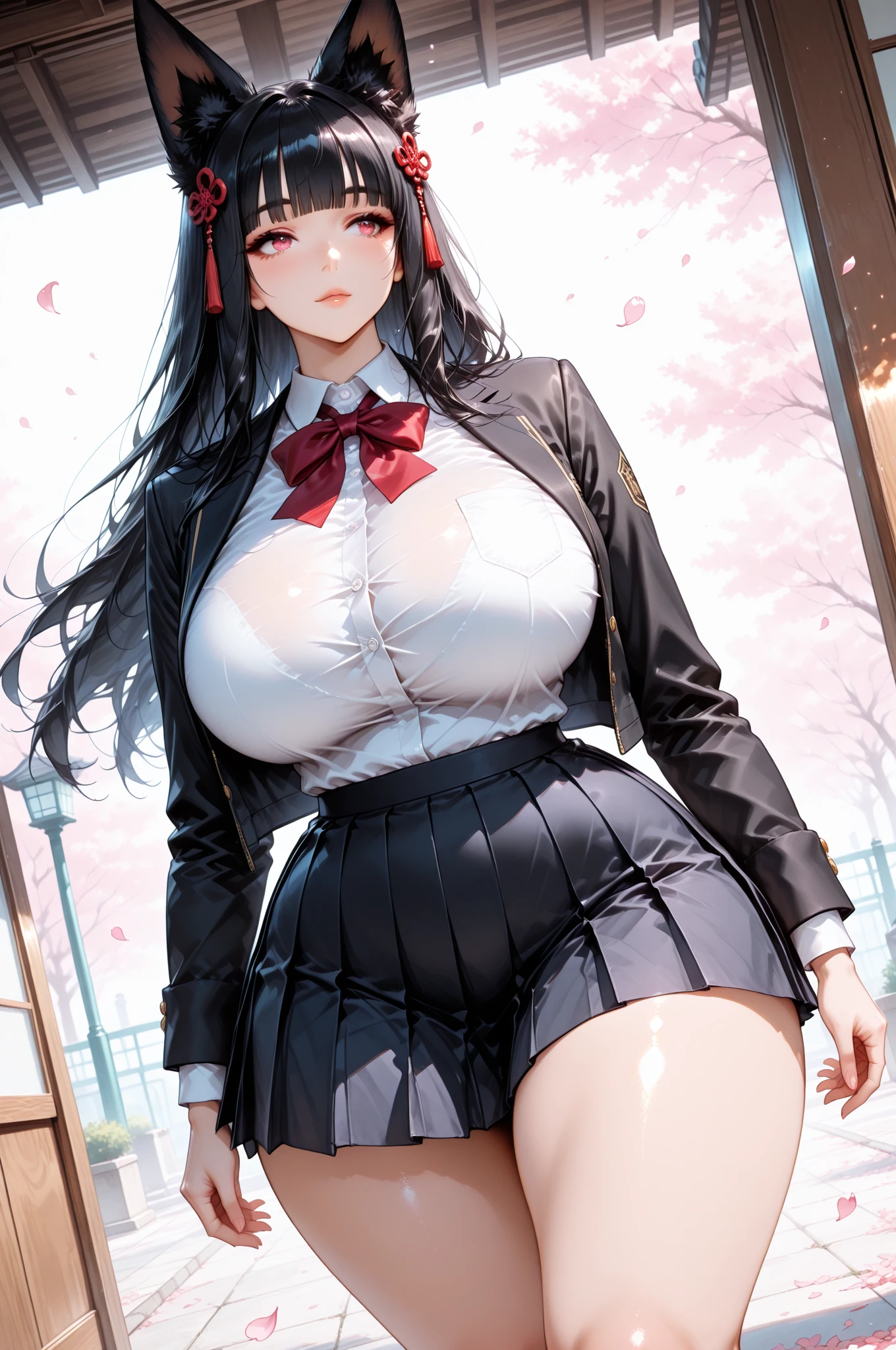 girl with cat ears and tail, adult, mature, long black hair, beautiful, high resolution, soft skin, fully dressed, high school uniform, navy colored skirt, white shirt, red tie, slightly chubby, thick body, haughty