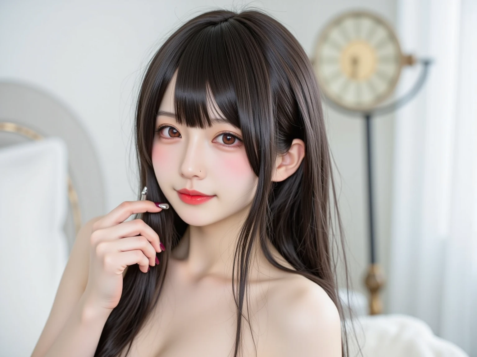 (Beautiful girl small breasts)、flat chest,Japanese、６age、Immature girl、beautiful girl、Wearing a black jacket, Long Hair, Cyberpunk Red Green Background、(((Nipple details)))(((Upper body naked))),smile,Young Face,、Round face,Big eyes, Round eyes、No makeup