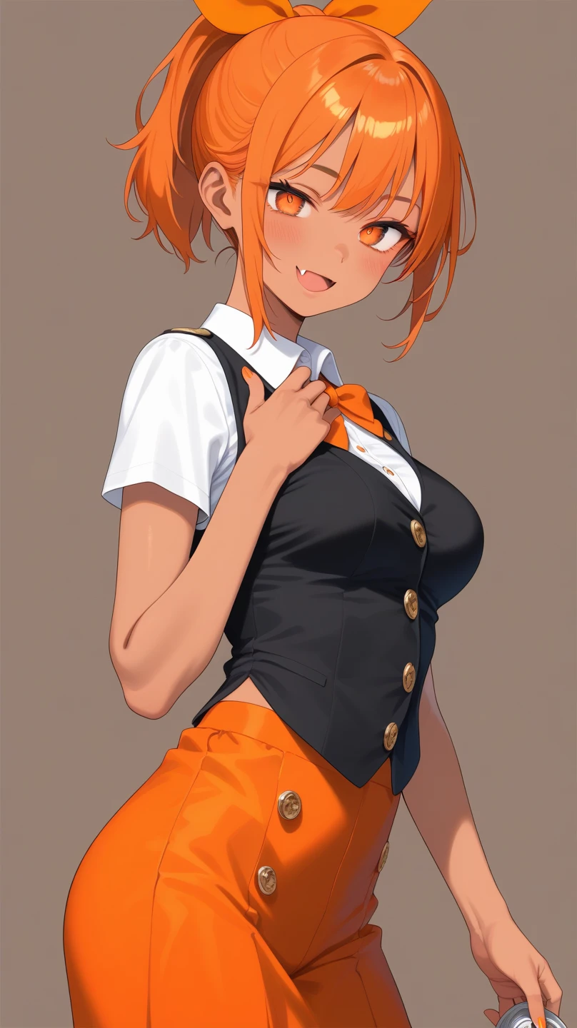 young woman, grin, orange hair, two side up \(hairstyle\), white one piece \(costume\), hands on hip, open stance, standing