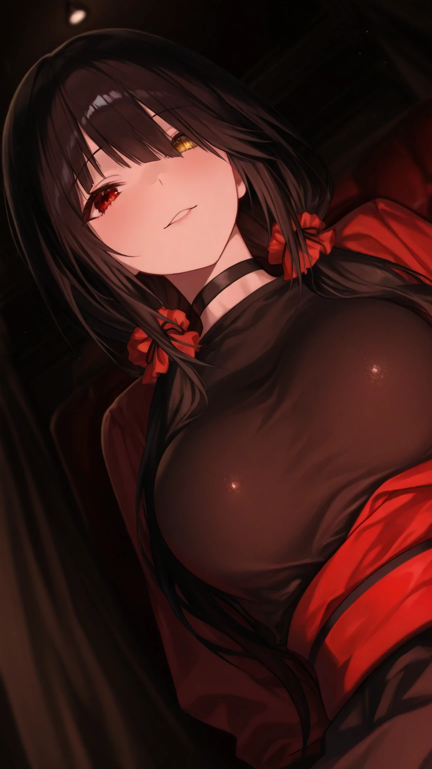 1girl, masterpiece, best quality, illustration, miracle tou, indoors, sitting, chair, black dress, black hair red eyes, vampire, hair ornament, flower, jewelry, smile, naked breast, medium breast, big nipples, pointy nipples, evil grin, pale skin, white skin, white nipples,