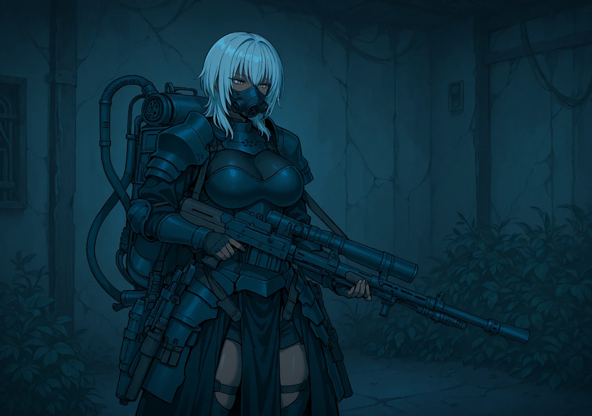 1girl, solo, dark skin, silver hair, wolf cut hair, medium hair, very large breasts, mature body, jin-roh,, Protect Armor, gas mask, equipped with weapons, flamethrower,Inside the waste disposal plant,
