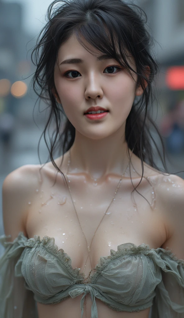 8k, masterpiece, RAW photos, best quality, realistic, extremely detailed CG unity 8k wallpaper, depth of field, (very beautiful face, beautiful lips, beautiful eyes), ((highly detailed skin)),  (realistic photo:1.5), Rainy day street, (Wet Girl), ((hard nipples)), ((Dramatic Ripped Bra)), whole body, sexy pose