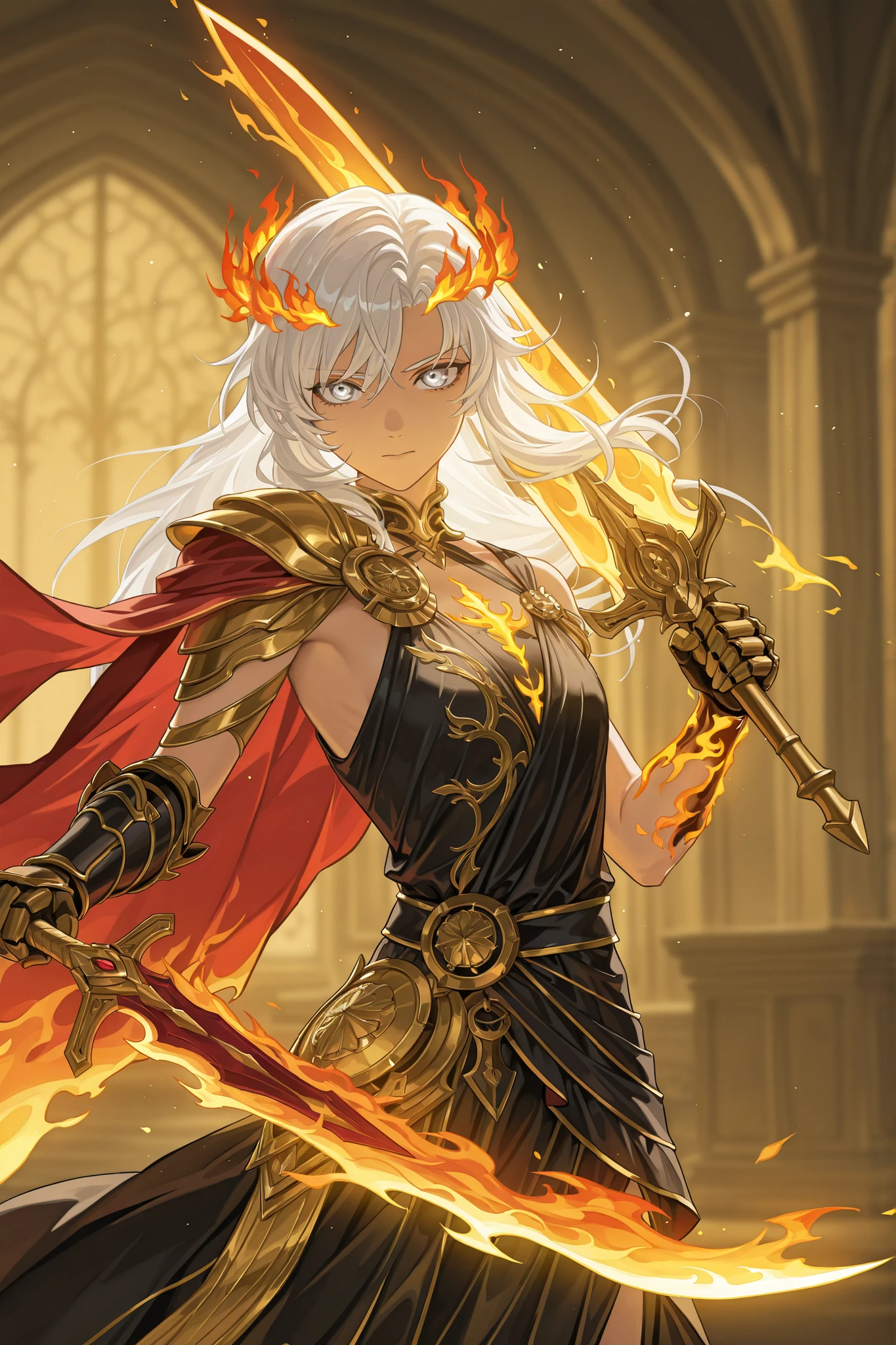 (upper body focus, medium shot:1.22), dynamic pose, three quarter shot, looking at viewer, mature, 1girl, solo, mature, masterpiece, best quality, amazing quality, very aesthetic, high resolution, ultra-detailed, dramatic lighting, absurdres, scenery, golden aura, golden flames, white flames, (Senti, Herrscher of Sentience, FuHua, Fol005, Fh_Hos:0.73), flat chest, white hair, white eyes, gray eyes, silver eyes, carapace, shoulder cape, dark red and black fantasy armor, black dress with golden trim, gold accents, (synthetic armour, nanoweave:1.14), (greco roman dress, greek dress:1.4), wielding greatsword, bloody red scimitar, warrioress, priestess, laurel crown, glowing cape, cosmic weapon, asymmetrical clothes, SSR Gacha character, villainous, ornate clothes, (flame sword summons, cosmic sword:1.6), astral sword, deep blue purple pink and gold sword,