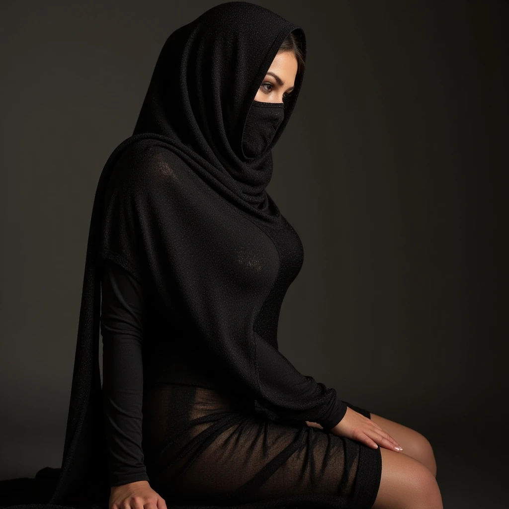 A girl wearing an abaya, her legs open, sexy, sitting on the floor, her high heels open, her chest and waist black, lipstick, her belly open, and her back open 



