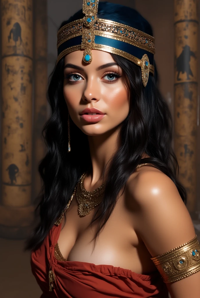 Cleopatra gothique dominatrix franchissant les porte d'un temple antique mystérieux rejoignant les enfers regard in her craft and her long light brown hair , 35 years of experience. His keen focus and intense gaze forward seem to pierce through the darkness of ancient Egypt, Revealing Hidden Truths and Mysteries. 

The intricate details of their traditional robes red and Brown are reproduced in stunning detail, while cinematic lighting adds a touch of drama to the scene. Esta imagem sobrenatural, Captured in 8K resolution, will leave you in awe of its beauty and depth elle a un maternelle 