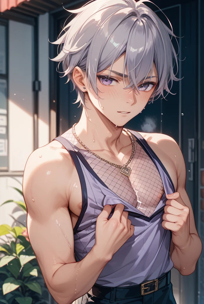 1 male, short hair, white hair WITH BLACK HIGHLIGHT, MULTICOLORED black Hair, blue eyes, aventurine clothes, (best quality,4k,highres,masterpiece:1.2), teenager, short hair, shirtless, shy