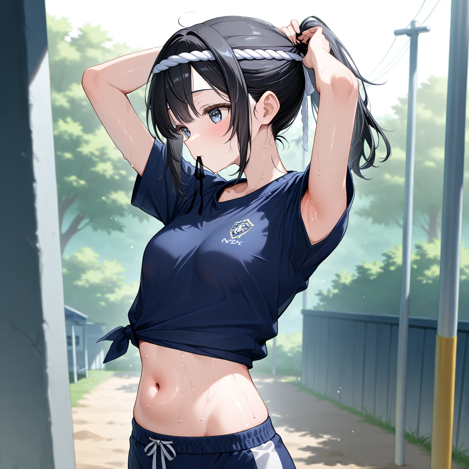 masterpiece, T-ponyai3 style, zoom out, score_9, score_8_up, score_7_up, portrait, 1girl, solo, black hair, tied hair, ponytail, long ponytail, parted bangs, dark blue eyes, innexpressive, pale skin, small breasts, upper body, white shirt, gym shorts, old fashioned, abs, sweating, sfw, hand over hair, below view, forest, daytime, best quality