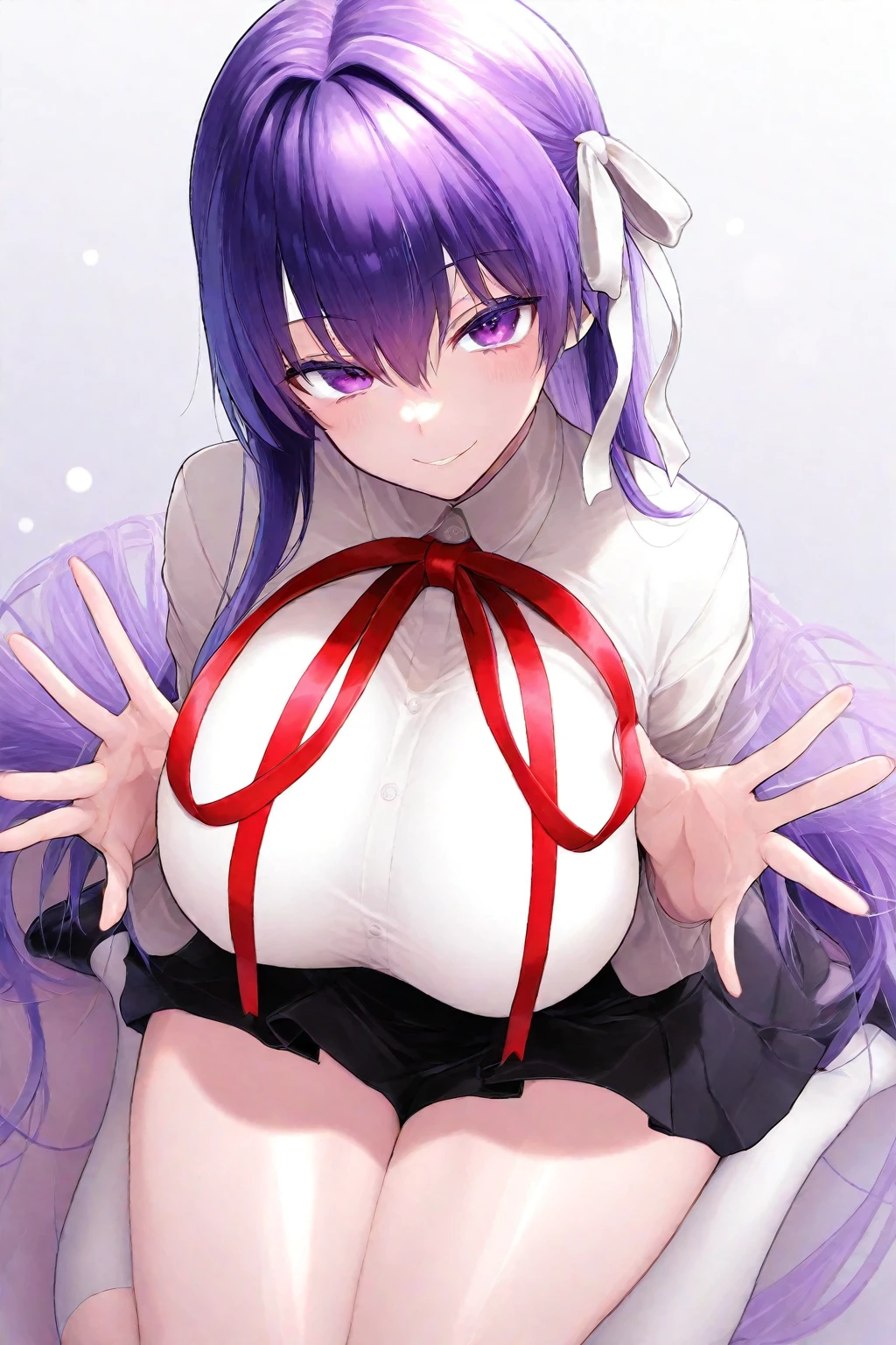 masterpiece, best quality, <lora:MichikingXL_V1:1> 1girl, breasts, large breasts, between breasts, solo, thighhighs, purple eyes, mole under eye, looking at viewer, smile, butterfly, mole, long hair, garter straps, bug, black hair, underwear, cleavage, two side up, panties, flower, bangs, white thighhighs, bare shoulders, hand on own face, blush, ribbon, parted lips, mushroom, purple hair, hair ribbon, thighs, hand on own cheek, detached sleeves