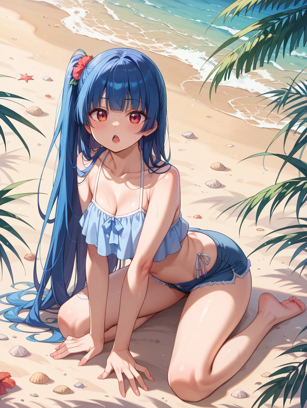 (masterpiece, high quality, high resolution, absurd, super detailed, High saturation、8k),real,solo,(micro bikini:1.5),sexy girl,beautiful eyes、seductive smile,(messy hair,two side up,middle hair),(colorful hair:1.5),kneeling、 ,(beach),