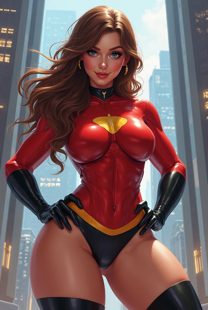 (best quality:1.5, highres, UHD, 4K, detailed lighting, shaders), gold curly haired, gradient hair, large breasts, red suit, red social long pants, mature woman , (pov), white background, colorful eyeshadow, dramatic lighting, sparkling eyes, sensual expression, golden earrings, flowing hair, delicate facial features, soft skin, high cheekbones, urban setting, white background, dont look for the camera, lean forward,