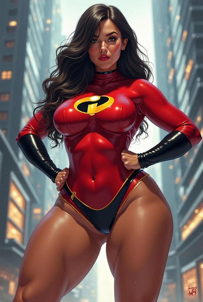 American World War II poster, Gil Elvgren style ((USA Poster, American Poster)) (((A young woman with straight dark hair long size up to her waist in superhero pose))) ((detailed outfit entirely red with gold)) (cars in the background of the image) (((robotic left arm)) (((cyberpunk arm))propaganda Poster, hero uniform, 1 girl, solo, good body, poster design, poster art style. 1980s, 1950s, 1960s, 1940s, basic color scheme, very colorful poster, colorful art, third rule, inspiring, woman, 1 25-year-old girl, hair blowing in the wind, looking at the viewer, blurred background, thick legs, green eyes, (wide hips:1.2), (chubby:1.2), (huge breasts:1.2),