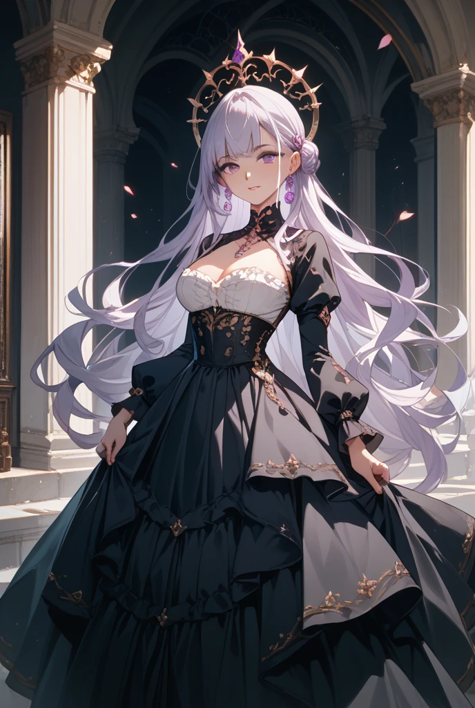 ((anime artstyle)),(Masterpiece),(Best Quality), (Super Detail),((Very Delicate and Beautiful)),Focus on character,Dynamic Angle,Looking at viewer,((Solo)),standing,(((full body))),((one evil and cute princess in gorgeous ball gown with voluminous skirt)),detailed face and eyes,(Wicked laugh),jewel-like eyes,((Very Long voluminous Hair)),gorgeous embroidery and lace,See-through,ornate ruffles,Gorgeous jewelry ornaments,luxury hair ornament,luxury and evil tiara with jewels,(gigantic breasts,Long breasts),full body,(((evil and dark atmosphere))),full body,((gorgeous ball gown with voluminous skirt))
