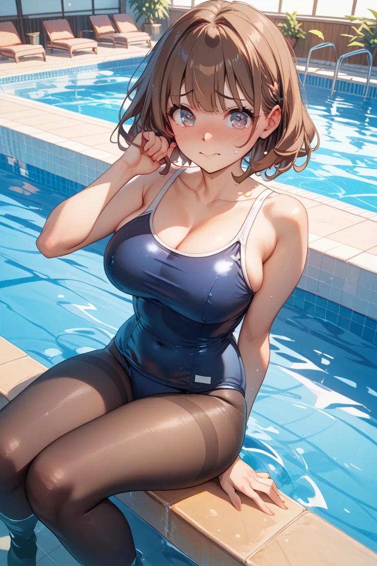 (((Perfect Anatomy, Anatomically correct, Very detailedな肌))), 1 girl, Japanese, high school girl, Shiny skin, 
Beautiful Hair, Beautiful Face, Beautiful fine details, (short hair:1.1, Bobcut:1.2), Dark blonde hair:1, blue eyes, Baby Face, Mole under the eye, 
Beautiful clavicle, Beautiful body, Beautiful breasts, Large Breasts:0.5, Beautiful thighs, Beautiful feet, 
((Navy school swimsuit, Navy one piece swimsuit, barefoot)), Captivating thighs, , 
((Ahegao, Embarrassing, Drooling, Open your mouth, Sweaty)), ((squat, Spread your legs, Roll up the skirt yourself)), 
(Beautiful views), summer, School rooftop, building, Chain link fence, 
8k, highest quality, Masterpiece​:1.2, Very detailed), (Realistic), Beautiful illustrations, Natural light, Is urinating