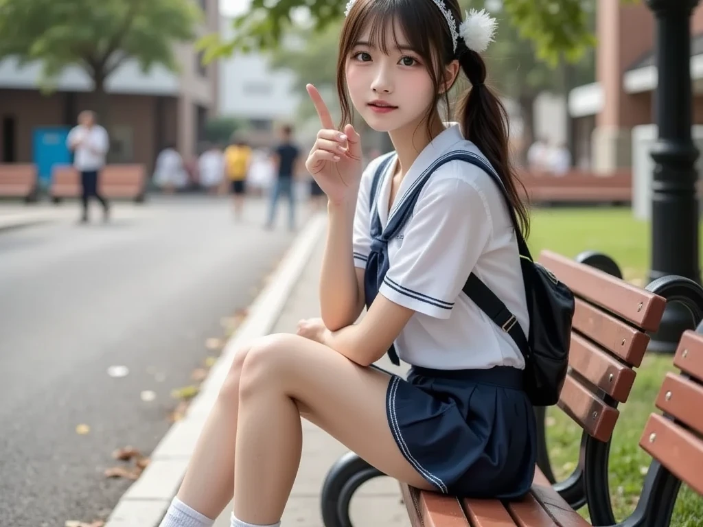 (High school girl in uniform、panties)、cute japanese woman、16 years old、young girl、In town、sit on a bench、Looking at your phone、not looking here、Shot from a distance