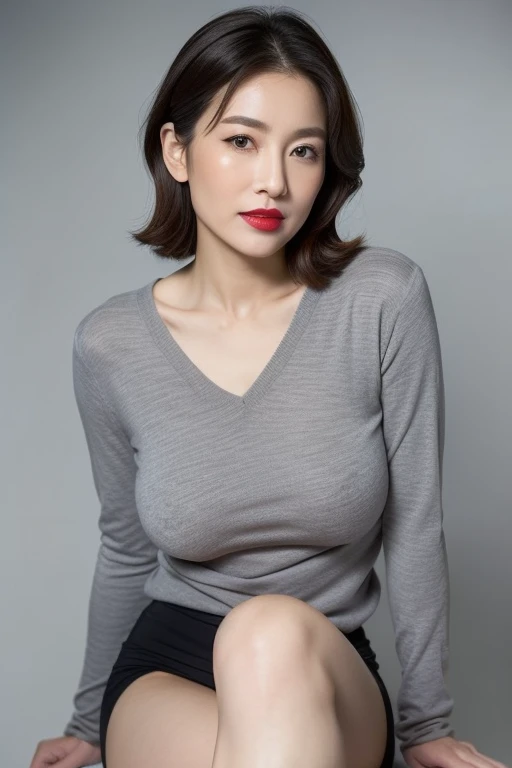((Japanese AV actresses from the 1980s)) ((Plump, bright red lips with lipstick)) Big Breasts Chubby round face Plump figure Heavy makeup ((Brown wavy short hair)) ((Looking into the camera)) Sit with your legs apart ((Ultra-glossy satin purple blouse, tight skirt and knee-high boots)) Put your hands behind your head Sweat-soaked armpits Show your armpits Sweaty skin 布団の上にSit with your legs apart look down ((High rise hotel room lit by red neon lights)) A mature woman who resembles Kimiko Matsuzaka