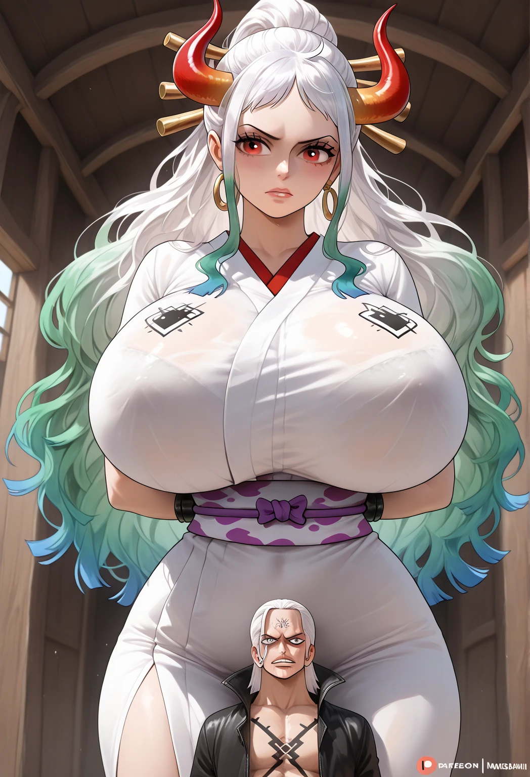 Reine Murasame, character of Date A Live, In her adult human form she is a tall woman with long, loose and slightly wavy silver hair that cascades down her back with an elegant and voluminous appearance. Large blue eyes that look seductive but still maintain their characteristic shine. Fair and smooth skin. Figure with pronounced curves, large bust, narrow waist and wide hips. Dressed in a revealing thong swimsuit. The swimsuit is a purple slingshot bikini, which barely covers her breasts and forms a thin strip between them, leaving her sides and back mostly exposed. She wears a wedding dress. Long legs. Thick thighs. Upward kick. Karate-style elevated kick. The slingshot bikini emphasizes her curves and extremely voluptuous figure with much larger than normal breasts and pierced nipples. Happy and confident expression, reflecting her energetic and playful personality with a hint of maturity. Sweet and innocent expression, reflecting her curious personality. Her expression is haughty and self-assured, with a seductive and playful smile. She has a voluptuous and well-proportioned figure, with a large bust and accentuated curves. She is doing fast kicks on the beach with the sea in the background and a confident expression on her face, showing her characteristic seductive and elegant gesture. (masterpiece quality, High resolution, detailed background: 1.22), (giant breasts: 2.45), piercing (pierced nipples) looking at the viewer, mischievous smile. She also wears fishnet stockings. Golden high heels. Her expression is confident and seductive. motion effect. Bouncing tits. Full body. Fast tits bouncing. Accelerated movement. High kick. Standing split. Vertical kick. Split kick. Guillotine kick. Full body view.
