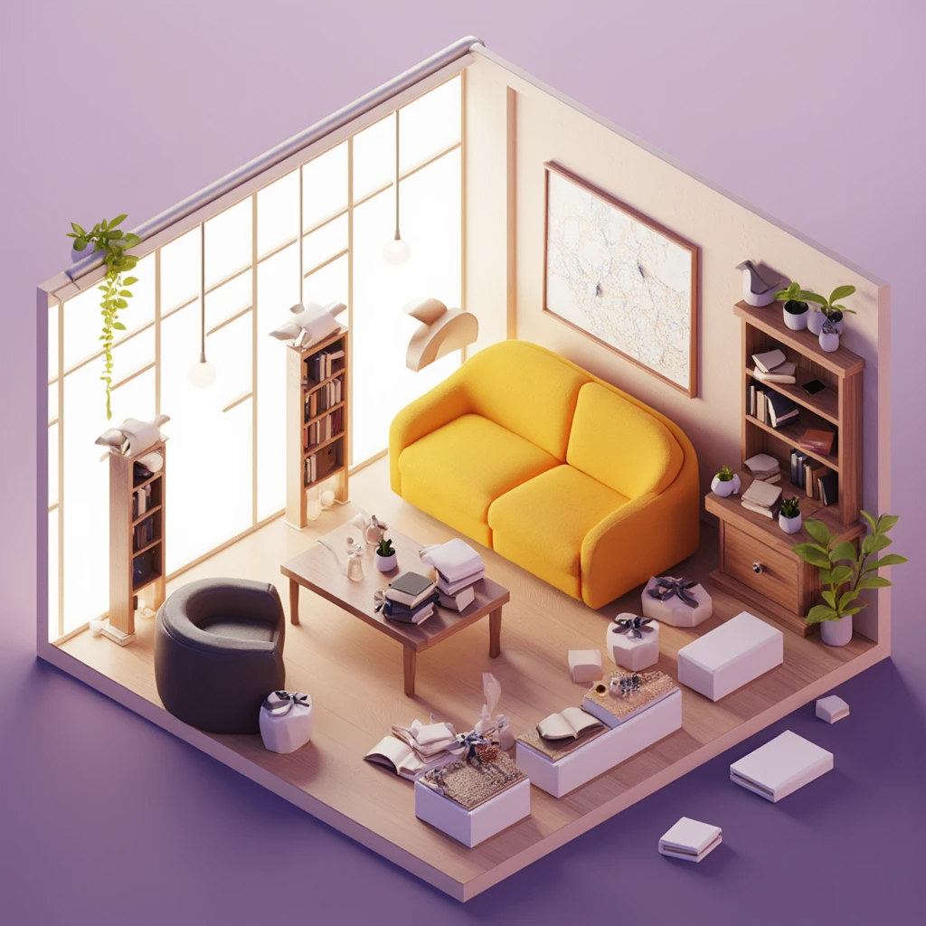 Interior design in isometric, living room, soft colors, yellow sofa, few objects