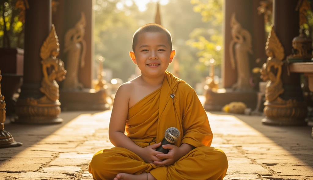 With a smile，Eyebrow beauty，Little monk without hair，Buddha sitting in front of the temple knocks on wooden fish