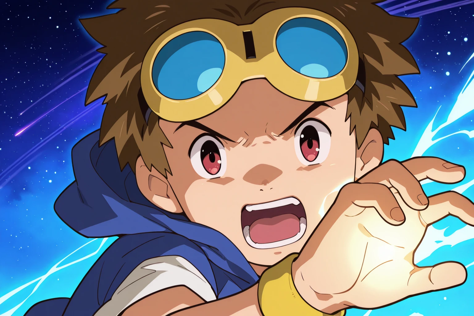 1boy,male focus,Takato_Matsuda, solo, brown hair, red eyes, goggles on head, blue hoodie, white shirt, short sleeves, yellow wristband, intense eyes,open mouth,shouting BREAK intense close-range fighting stance, glowing curse energy aura around body, celestial cosmic battlefield background with nebula gradient (deep space red to orange), swirling stardust particles, red energy trails, sharp facial features with dramatic lighting,cinematic rim lighting, ultra-realistic anime style, 8K resolution, trending on ArtStation, sharp focus on eyes and facial expressions Key Adjustments: Added facial emphasis: intense close-up, sharp focus on eyes, Cosmic Elements: nebula gradient, swirling stardust, celestial battlefield Unified Energy Effects: glowing curse energy aura Hero Lighting: cinematic rim lighting, dramatic lighting