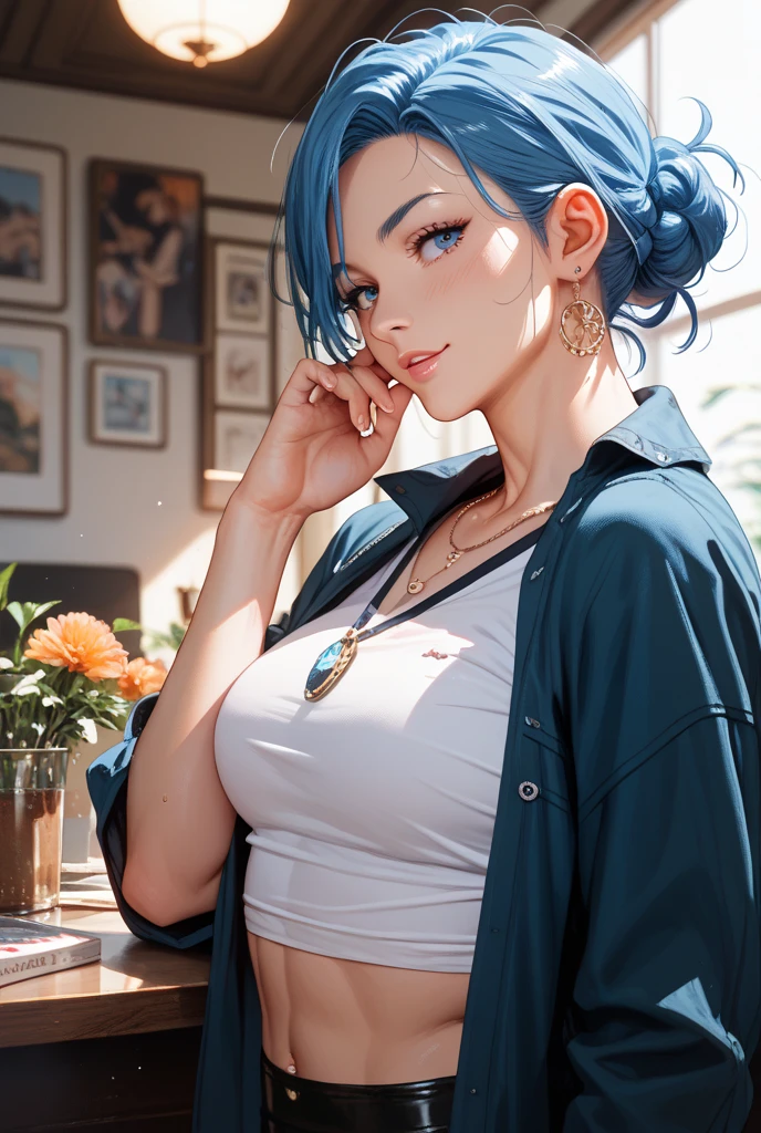 1girl, mature woman, ((full length shot)), masterpiece, professional illustration, standing, (blue hair), shouting, angry, mad, (sweating), (wet face), (large breasts), tall, long legs, portrait, anatomically correct, (full body), skin texture, anime eyes, perfect eyes, beautiful, gorgeous, European, beautiful body, (wearing black pants), ((yellow shirt)), short hair, arched eyebrows, perfect hands, original image, perfect image, professional, perfectly drawn, professional illustration, fashion model, sexy model, photo shoot, pink, party lights, lights, photo studio, creative studio, plants, green plants, white pots with plants, pretty face, cute, (sunset:1.3), night setting, neon reflections, neon lights, highly detailed background, apartment background, studio apartment, shallow depth of field, tiled wall, Bokeh, gorgeous photo, watercolors, pastel watercolors, otzk