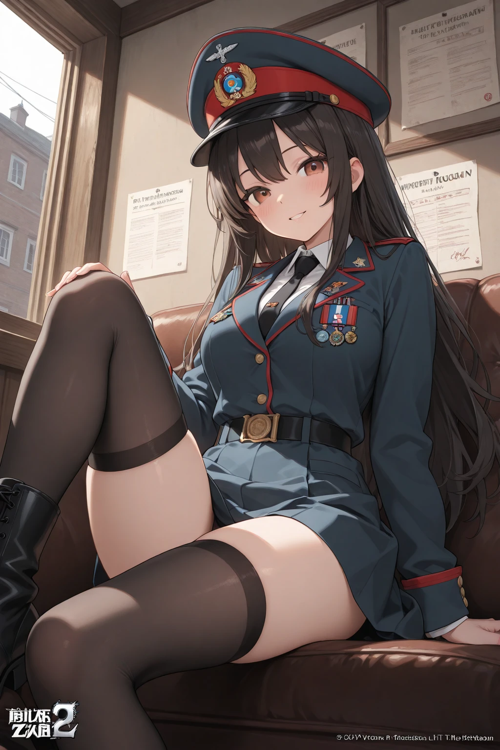 (masterpiece, best quality:1.2),illustration,8k,hd,1girl,solo,hat,blue eyes,smile,cleavage,beret,fur trim,brown hair,belt,white shirt,short shorts,ponytail,red headwear,black shorts,black thighhighs,red ribbon,choker,red jacket,open jacket,open clothes,bangs,side ponytail,very long hair,medium breasts,shoes,<lora:Female-command(remake)-V1.2>,