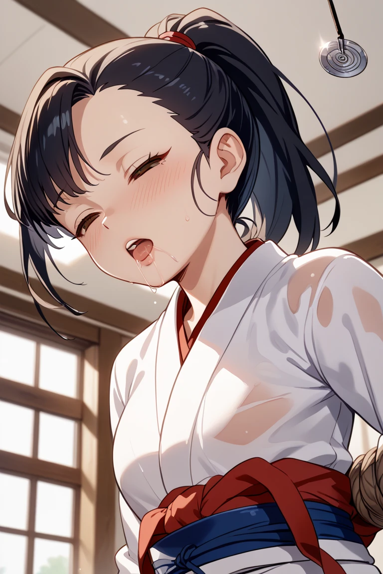{{{{cunnilingus}}}},Sex with a man,1boy is black hair dark skinned fat middle aged man,night,Outdoor,1 Girl,Red eyes,Long twin tails,Brown Hair,Eyebrows visible through hair,Flat Chest,Blue yukata,Cleavage,Nipples,orgasm,In the heat,Upper Body, orgasm,