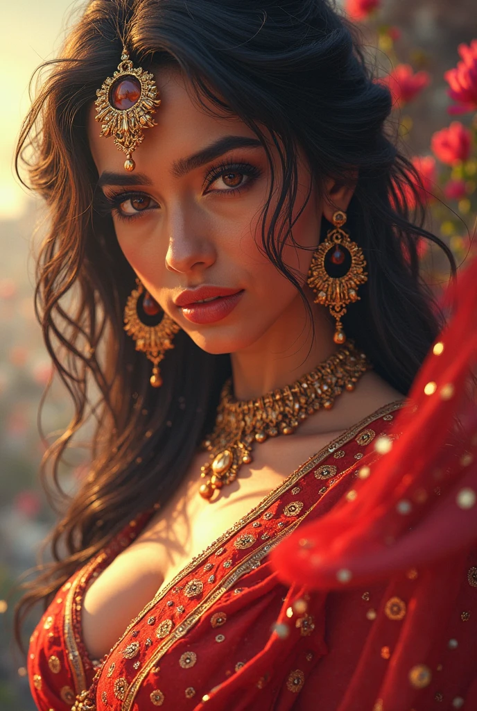 perfect pink eyes, fantastic face, Indian, beautiful look, ((red lips, bright eyes, curve heir 1.5)), ((beautiful details very big breast )), (Straight round and ultra huge clevage, not sagging breast), A glorious gorgeous, glorious gorgeous face, pretty face, bright eyes, detailed elegant printed red saree, updo elegant hair, blurred gray tones background, ultra focus, face ilumined, face detailed, 8k resolution, painted, dry brush, brush strokes, razumov style and garmash style, by Tokaito, 8k portrait of beautiful cyborg with brown hair, intricate, elegant, highly detailed, majestic, digital photography, art by artgerm and ruan jia and greg rutkowski surreal painting gold butterfly filigree, broken glass, (masterpiece, sidelighting, finely detailed beautiful eyes: 1.2), hdr,  naked nude full body aroused armpit 