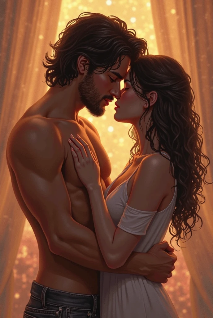 a girl with light brown skin, green eyes and curly brown hair with a lush body next to her is a muscular and handsome man with dark blue eyes and raven hair. making love