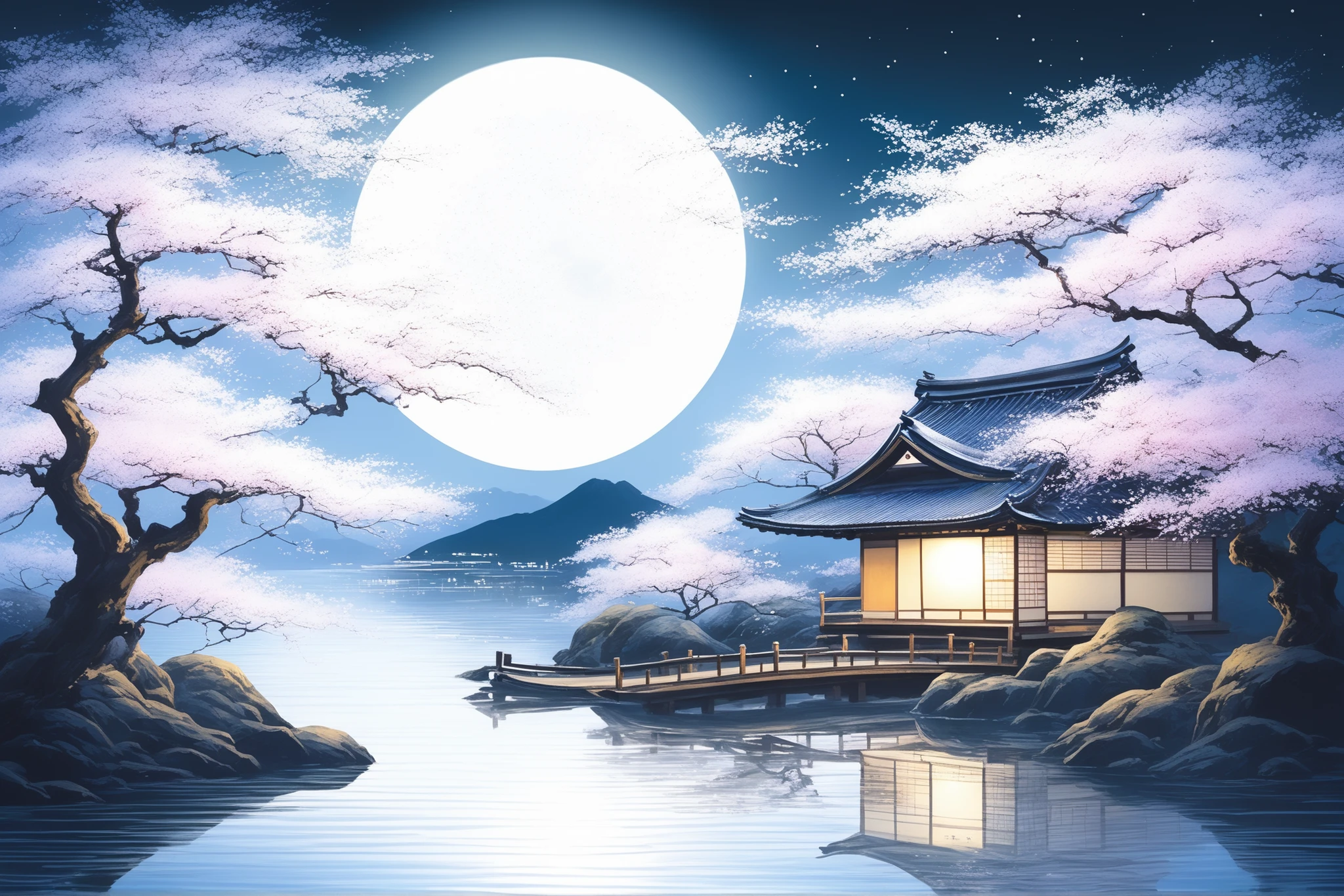 picture of a full moon and a Japanese house illuminated by moonlight, Japanese art style, Sakura Fubuki,  Traditional Japanese Art , Japan at Night, traditional Japanese painting,  Old Japanese Art , landscape, background artwork,  Japanese Art Art , Anime Background Art, Night view,  Zen Temple Background , Quiet and serene atmosphere, Beautiful Moonlight Night, Japanese style painting ,  moonlight night 