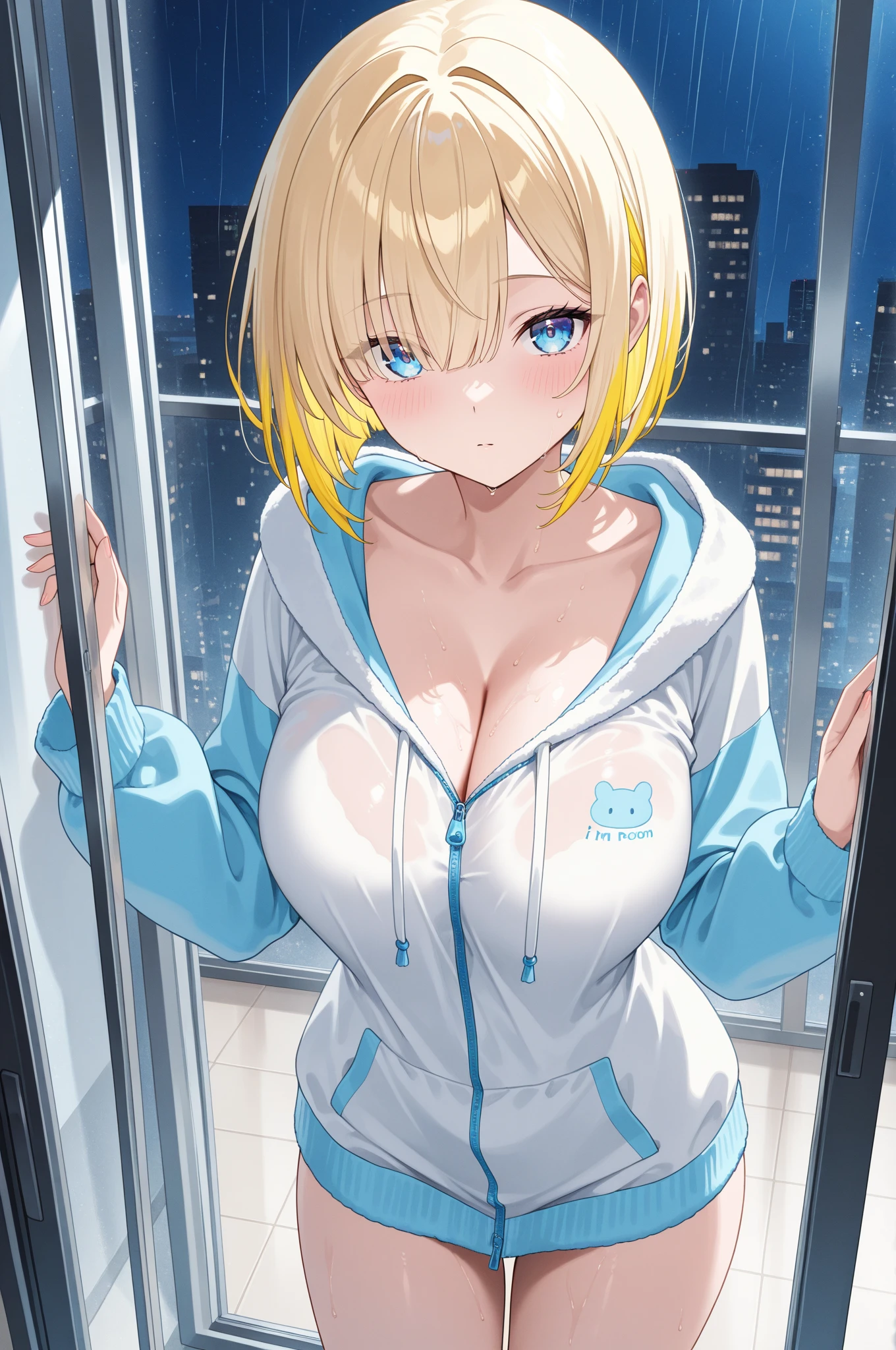 2D Anime Style、Blue eyes、breasts are slightly larger、A cool adult woman with short blonde hair is walking in the night city with a cool expression.., Wear sweat tops that show cleavage, long court,Sweat shorts