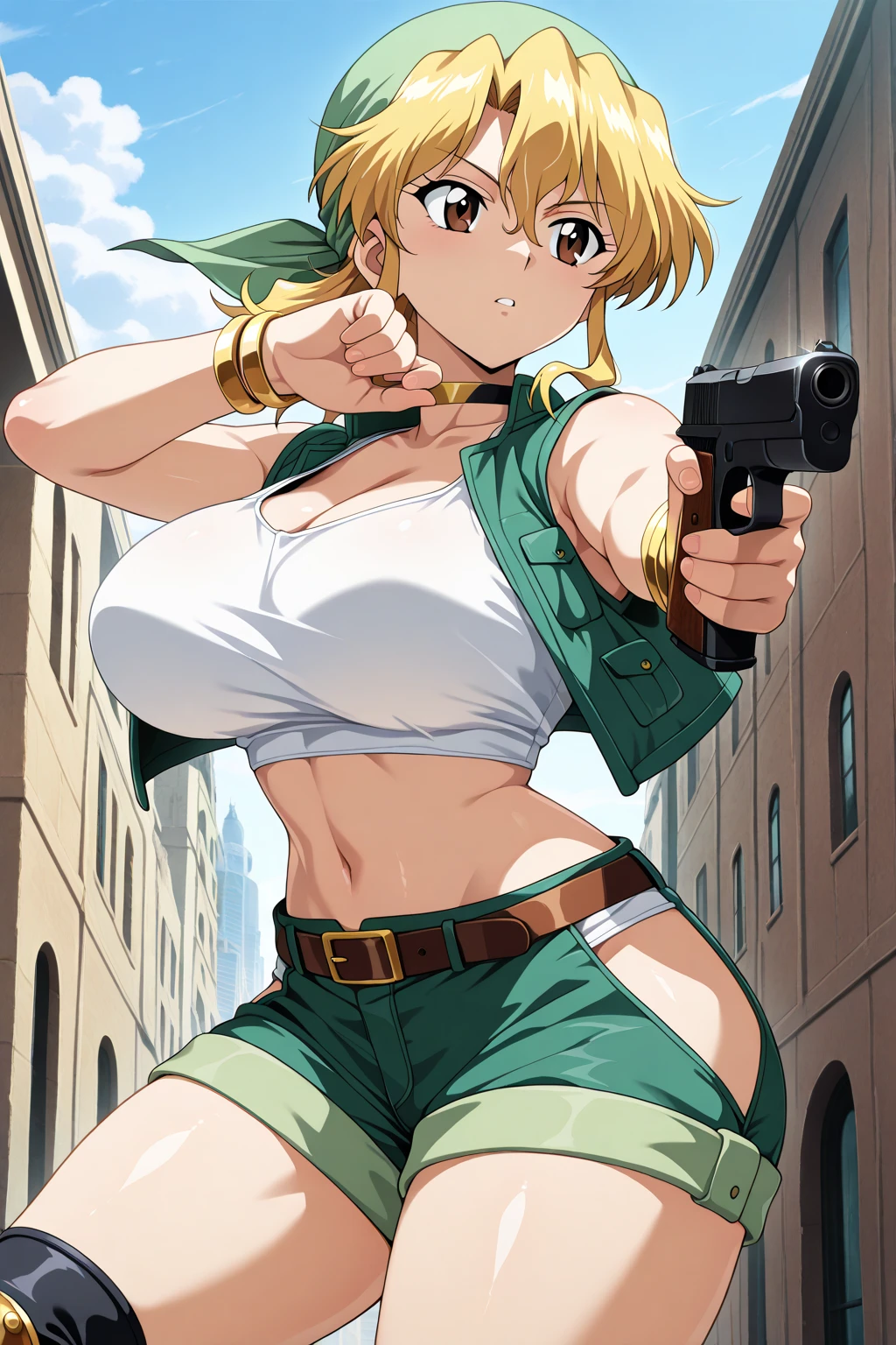 tall body, tall, long legs, mature female, mature, adult, Zombie apocalyspe background, Sniper rifle
 eft_hotd_orange, 1girl, solo, brown hair, brown eyes, , skirt, antenna hair, long wavy hair, breasts, enormous large breasts, ponytail, long hair, big cleavage, worn out Black tank top with cleavage, lowrise leopard print legging,Plump, Half eyes expression, Hoopa earring, silver chain tag necklace, big Hoopa bracelet, Long nail, Red lips,Eyeliner,eyeshadow,smile,sniper rifle in hand, Sweat, a bit blood in face,leopard print legging, earPierce, Thick lips