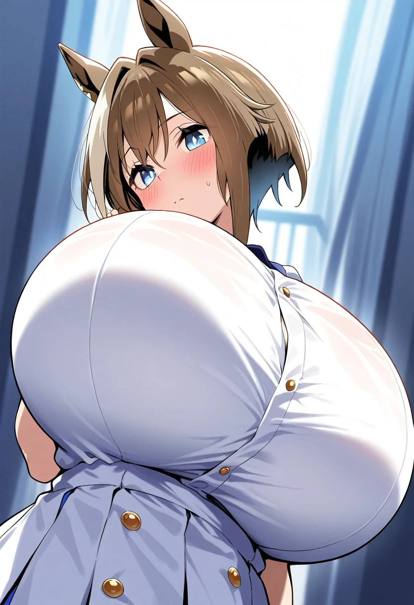Huge breasts and buttocks,white shirt, Black shorts,Natural body proportions,Beautuful Women,Cute expressions,photorealestic