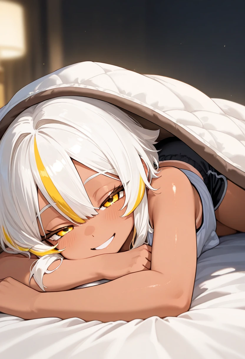 A woman, flowing white hair, melancholy eyes, yellow pupils, black diamond-shaped hairpin, Tiny feathers are dancing, pleasure, angry, arm support, arms up, incoming hug, pov, reaching, reaching towards viewer, looking at viewer, She is lying on a super huge golden silk soft duvet, Luxurious room,