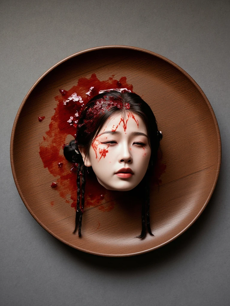 decapitated female head on a bowl, pretty Asian face, covered with noodkes and meat, like soup, ((eyes closed)), served like a food dish, bloody, photorealistic, 4K, Nikon, horror, ahegao face, with top shooting angle, very realistic, (complex detail: 0.9), (hdr, hyperdetail: 1.2), RAW, Sony Alpha a9 II, 24-105mm f/4, HDR,