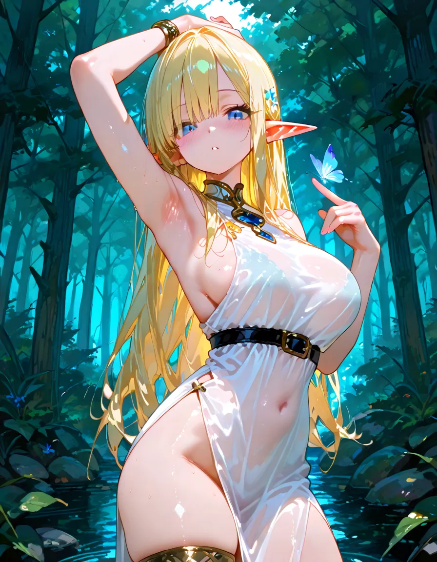 background A beautiful lake in a cave Fairy on the shore of the lake in the cave background indoor cave ((NSFW)) (((Huge breasts))) ((Spread your))a woman with a very large chest and butterfly wings in anime style, 1girl, gigantic breasts, solo, wings, nipples, butterfly wings, breasts, pointy ears, blonde hair, long hair, thighhighs, thick thighs, heart, pussy, butterfly hair ornament, sweat, navel, skindentation, blush, nude, black background, large areolae,all fours,fakebreasts,