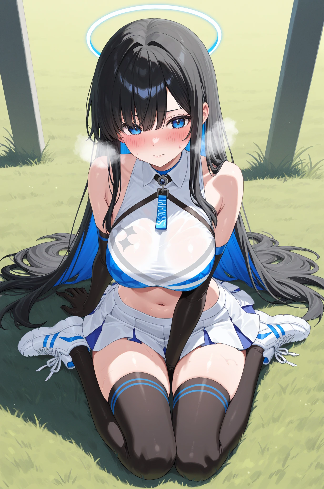 ​masterpiece, top-quality, long eyeslashes, eye liner, eyeshadows, mascara, Colorful, Pink lips, deep skin, looking at the viewers, The upper part of the body, Curvaceous, hestia (Danmachi), 1girl in, breastsout, 独奏, length hair, Blue Ribbon, Twin-tailed, gloves, bow ribbon, doress, Ray's Pimp, large full breasts, blue eyess, A dark-haired, white glove, cleavage of the breast, robe blanche, looking at the viewers, Light smile, a closed mouth, Hair Ribbon, the bow, Sleeveless、Sleeveless dress、bangss、red blush、Cleavage cutouts、hair adornments、a bow tie、Cutouts for clothes、Very long hair、Covered navel、Arm Ribbon、shinny skin、outside of house、grass field、blue-sky、cloudy ash sky、Tight、Dresses with tension、breasts focus、The upper part of the body、(​masterpiece:1.47746)、(highly_Detailed:1.05)、(hight resolution:1.05)、(Photorealsitic:1.4)、3D、Realistic、((8K:1.4))、ultra-detailliert、100-layers、ighly detailed、Convoluted、absurderes、detaile、ultra-detailliert、A detailed eye、 (intricate detailes、Volumetric lighting、Cinematographic lighting、Award-winning、Macrovivid Color、thirds rule、yudai、detaileds、elegent)、Colorful and realistic lighting、Chest Hold