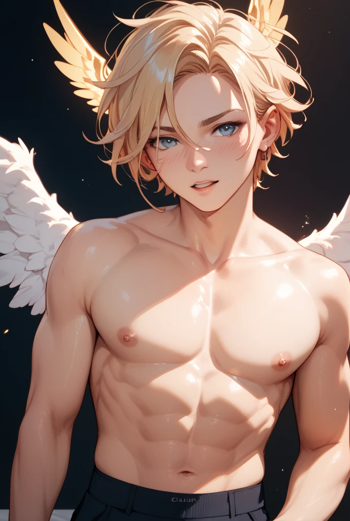 Blonde short hair , blue eyes, shirtless ,, celestial,,red angel halo above head, wearing a cream underwear thong, bulge, male, black background, high detail, zoomed out