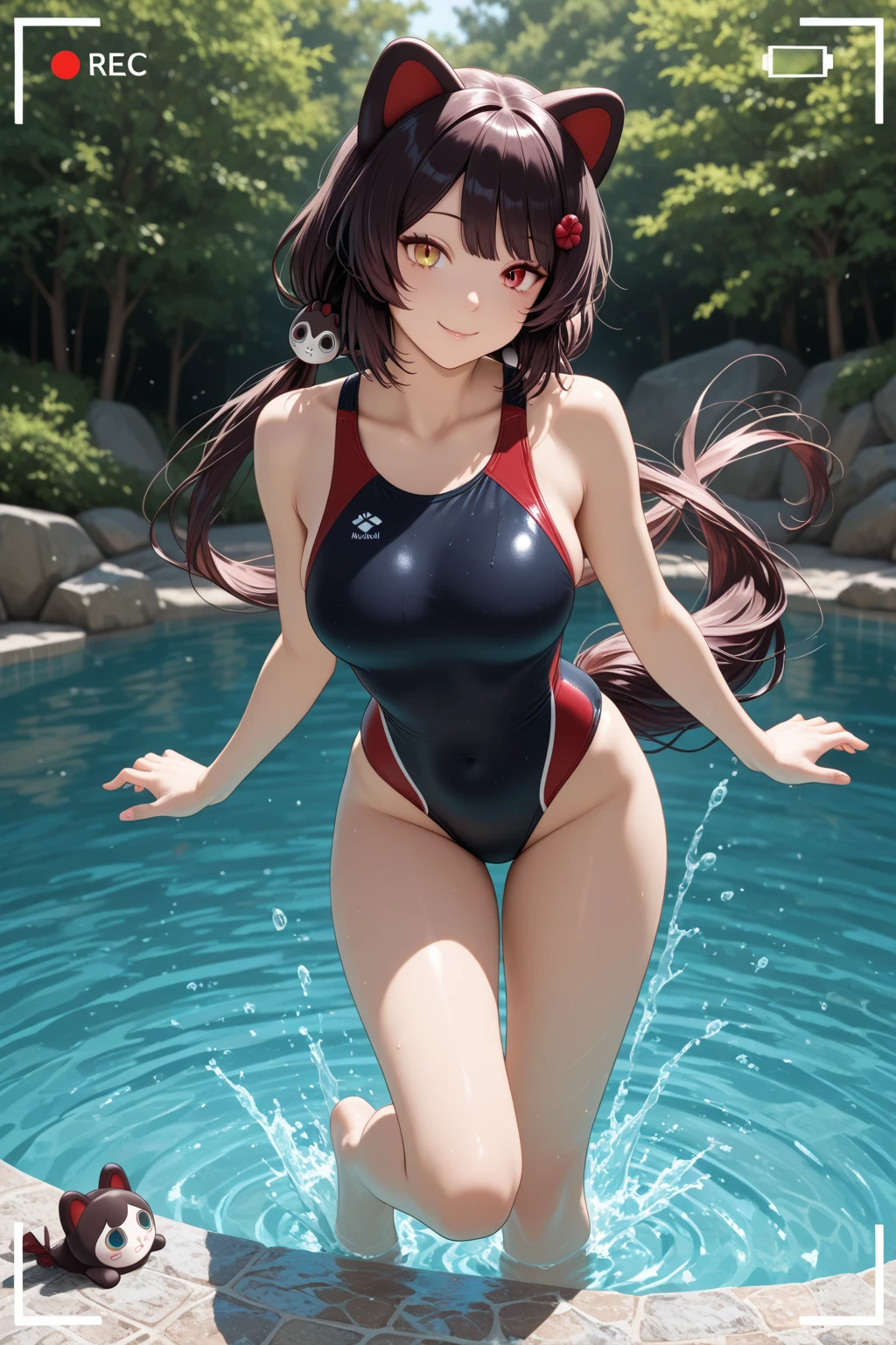 low angle shot,shoot down and up、Back photo。spread legs、Show her ass,actual、Super high chroma、8k、Long red hair(((30 year old woman)))、((((She is wearing a red competition swimsuit。))))、competitive swimmer、big breasts、Thick thighs、Pay attention to muscle development。競泳プールolympic Comcompetitive swimmerics stadium 美しい顔, Highly detailed face and skin textures, (natural cheeks, skin shiny, White skin,Sweating 1.0、(((vitality)))