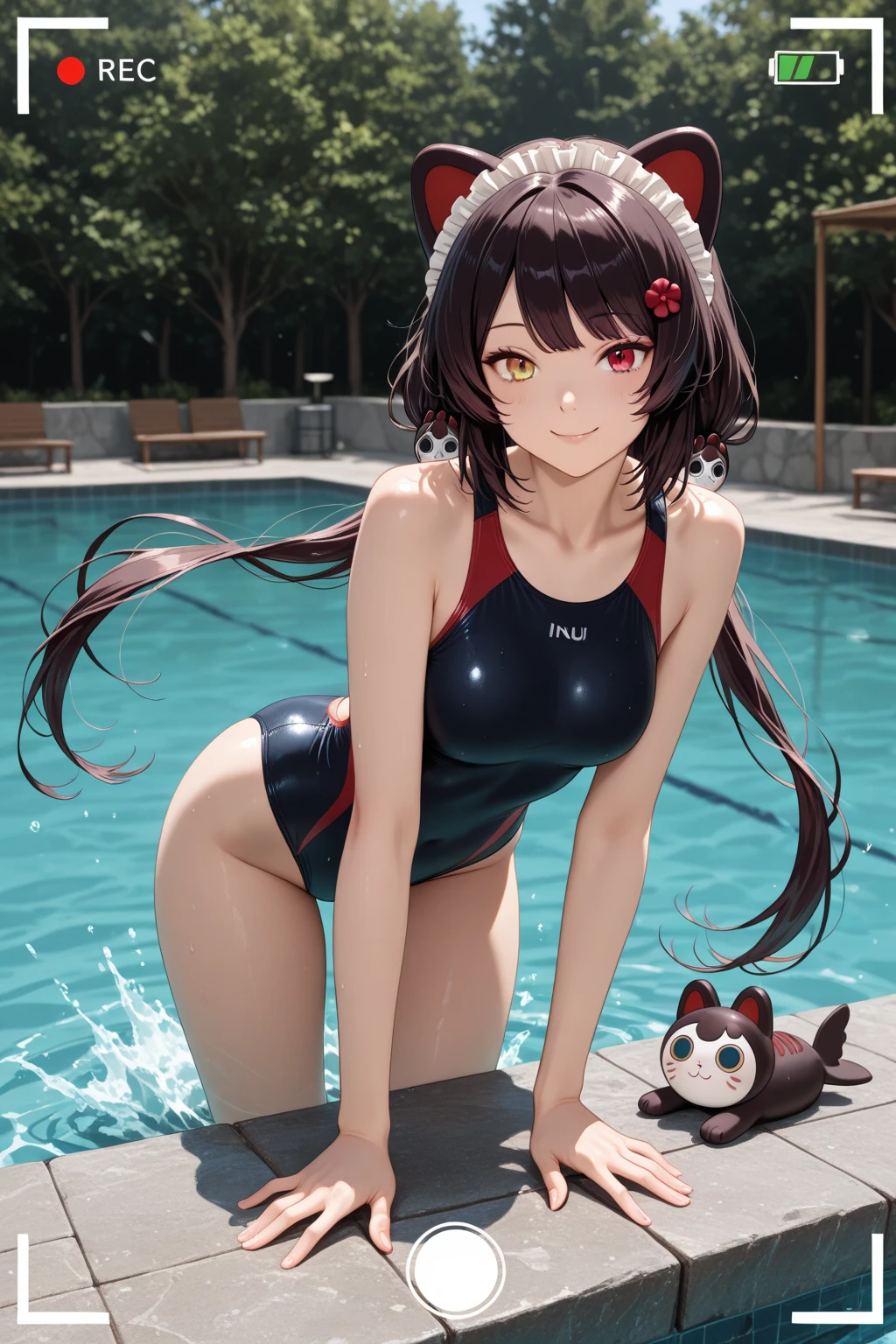 camel toe:1.4、(Sweat)、(vapor)､(((long gloves:1.3)))、brown loafers、black calf length socks、Open your thighs wide to the left and right､Squat on the ground、show off your crotch to the viewer, ((enamel bondage:1.3、squat, spread your legs:1.3, arm behind head ))、12 years old、absurd、Dark brown long ponytail hair、flat lighting、elevation angle、sexy pose、highest quality、Complex、surreal、perspective, very detailed, detailed background, shape、1 girl、alone、big breasts、light smile, embarrassing, blush, ((outdoor poolside)), 

