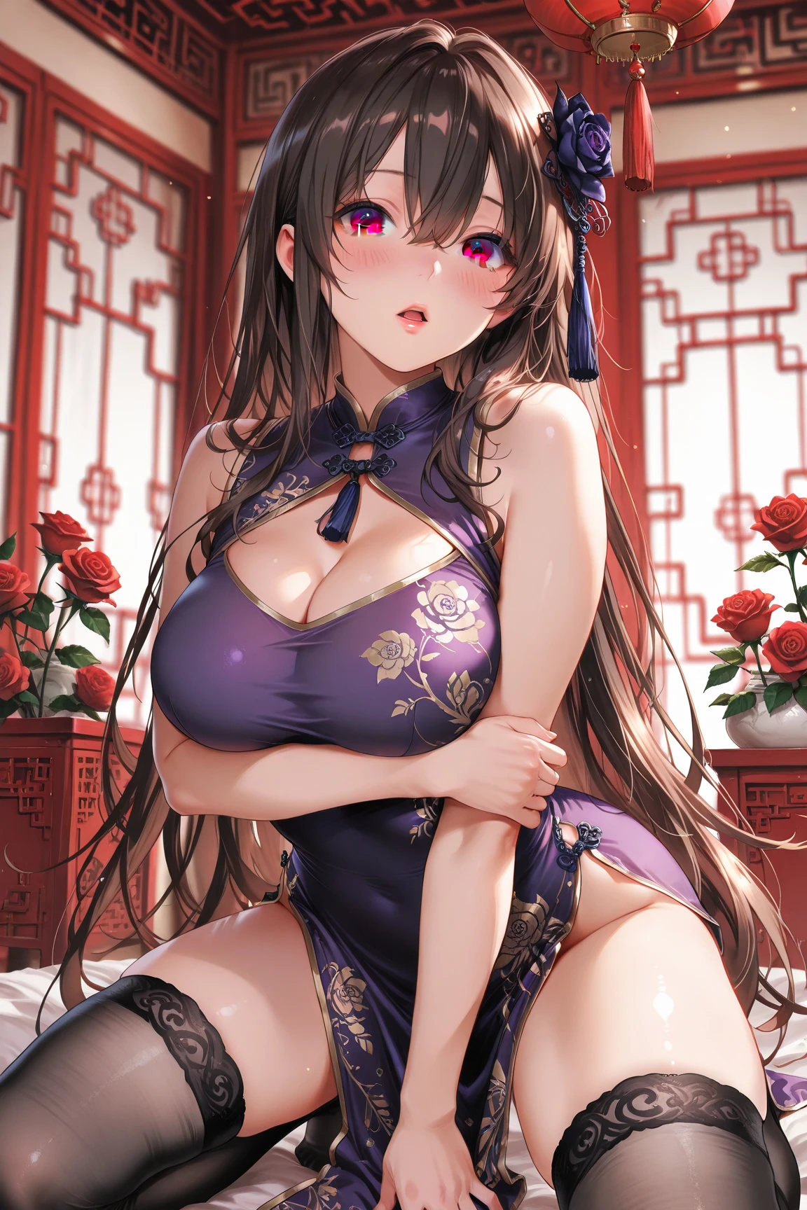 hostess:1.2, ((Shyly、He looks at me with a sad expression、(Ecstatic expression),Blushing))、compensate:1.2, Dark eyeliner、Eyelash length、False eyelashes、Brown eyes、Light fluorescent lip gloss, (hostess:1.3),Fishnet tights,((White Floral Bra、Floral pattern full of peonies、Purple and blue peony floral pattern))、((White floral panties、Floral pattern full of peonies、Purple and blue peony floral pattern))、((Blue Chinese Dress,gold flower embroidery)),(((Her clothes have come off and her underwear is visible)))、girl:1.3、((Huge breasts:1.6)),((Highest quality, Ultra-high resolution、The most complex and detailed depiction))、(masterpiece:1.3), (8K, Realistic, RAW Photos, Best image quality)、(Cleavage:1.2)、Very detailed face、Attention to detail、double eyelid、(Beautiful woman:1.4)、((Light brown hair、Braided hair、Tie your hair back、Shortcuts))、Highest quality、masterpiece、Ultra-high resolution、(Realistic) (8K, RAW Photos, Highest quality, masterpiece:1.2), (Realistic, photo-Realistic), Very detailed, Beautiful attention to detail, Gal-style makeup、Dark eyeliner、black eyeliner、Heavy eye makeup、Eyelash length、False eyelashes、Eyelash length、Big eyes、Big black eyes、Big eyes、elongated nose、Heavy makeup、Face with gills、Spread your legs and face forward.、whole body、Spread your legs座る、Spread your legs、(sexy、Glamorous Body、Saggy breasts、Large saggy breasts)、(Sweat、Your body is wet)、((Sleeping on your side on the bed、Elbows on the bed))