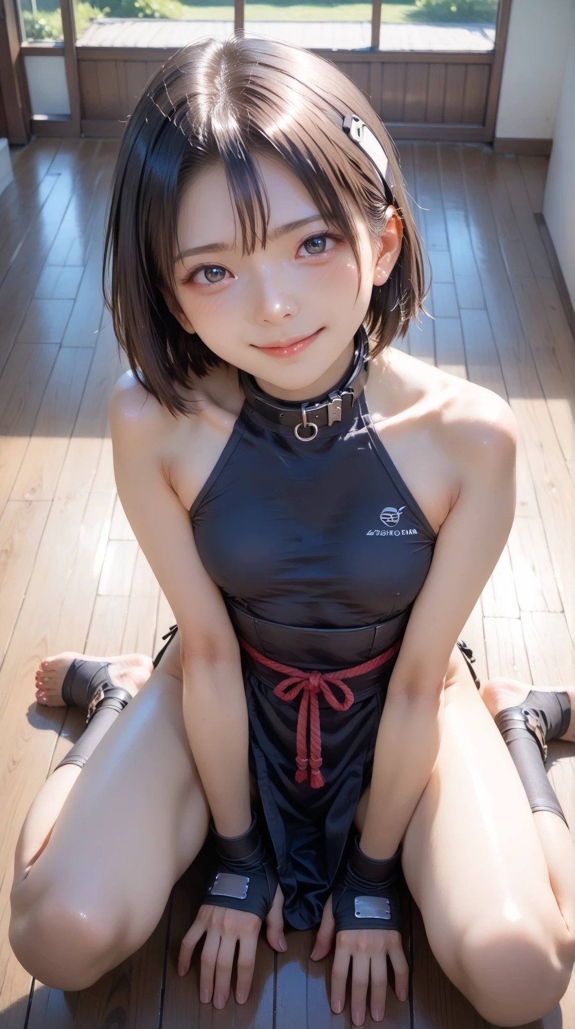 masterpiece, Ultra-fine Illustration, highest quality, Particles of light, Very detailed, 8k wallpaper, (Bright colors:1.2), 22 years old, Shiny skin, smile, 魅惑的なsmile, The top is a large black jersey、Black Bloomers、high school girl、Gym suit、Shorts、Super cute、Extremely beautiful、The figure is a little sexy、Knee-high socks、Thigh-high socks、Red sneakers、Brown Hair、chest size small、Sweating profusely all over the body、A lot of sweat and light on the thighs、Shiny thighs、Plenty of sweat glistening on the thighs、A large amount of sweat glistens on my thighs、Sweating profusely、Alluring expression、Dark closed door background、slender体系、Are standing、sit on a vaulting box、night、Are standing、Small breasts、Baggy jersey、slender、