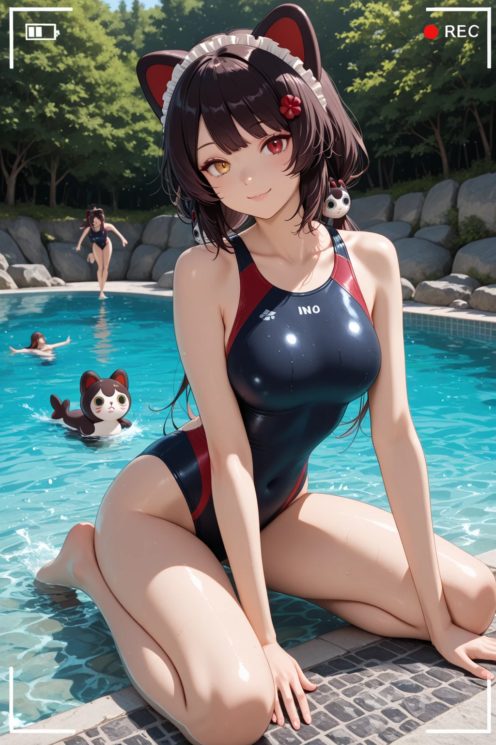 flat color,(one girl,japanese,She is posing for the camera,16yo,((wear cute Paw Glove:1.5)),Cat ears headband,detailed face,BREAK (darkblue wavy-short hair),parallel eyebrows,eyes with large irises,smile,small breasts,dynamic angle,very happy, BREAK, (paw pattern swimsuit),fullbody,at poolside,