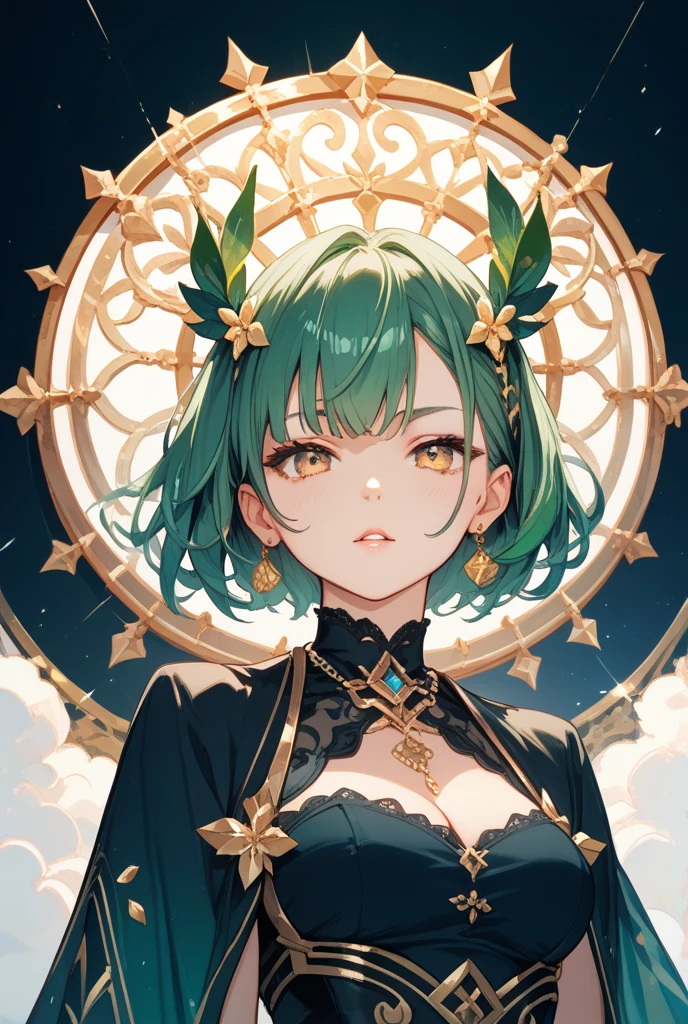 (Tatsumaki), (One Punch Man), big detailed green eyes, green hair, (green eyes), green and gold color palette, Official art, Unity 8k Wallpaper, Ultra-detail, Beautiful and aesthetic, masterpiece, Best Quality, (zentangle, mandalas, Tangle, Entangle), (fractal art:1.3) , 1girl, (huge tits), Extremely detailed, Dynamic Angle, Most Beautiful Form of Chaos, elegant, a brutalist designed, vivd colour, romanticism, Atmospheric, arms behind back, (gold metallic micro bikini), shiny skin, sexy pose, ((black background)), gold dust, heavy blushing, upper body, straight on,