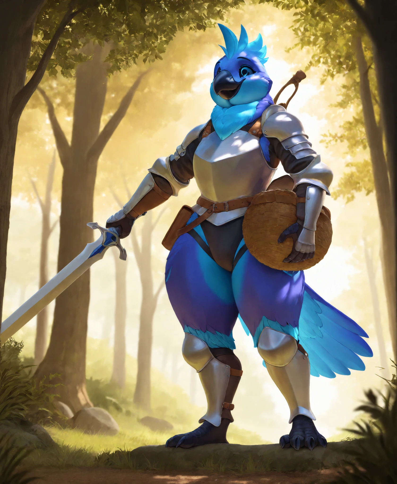 masterpiece, best quality, amazing quality, very aesthetic, high resolution, ultra-detailed, absurdres, newest, scenery, rim light, volumetric lighting, subsurface scattering,
(amorous-coby), portrait, full body, upper body, beak, solo, two-tone blue body, black sclera, teal streaks, curvy, 1boy, blue eyes, knight armor, carrying sword, glistening feathers, pearlescent, from front, front facing, BREAK
detailed eyes, depth of field, photorealistic details, white background, dappled lighting, Stable_Yogis_PDXL_Positives,