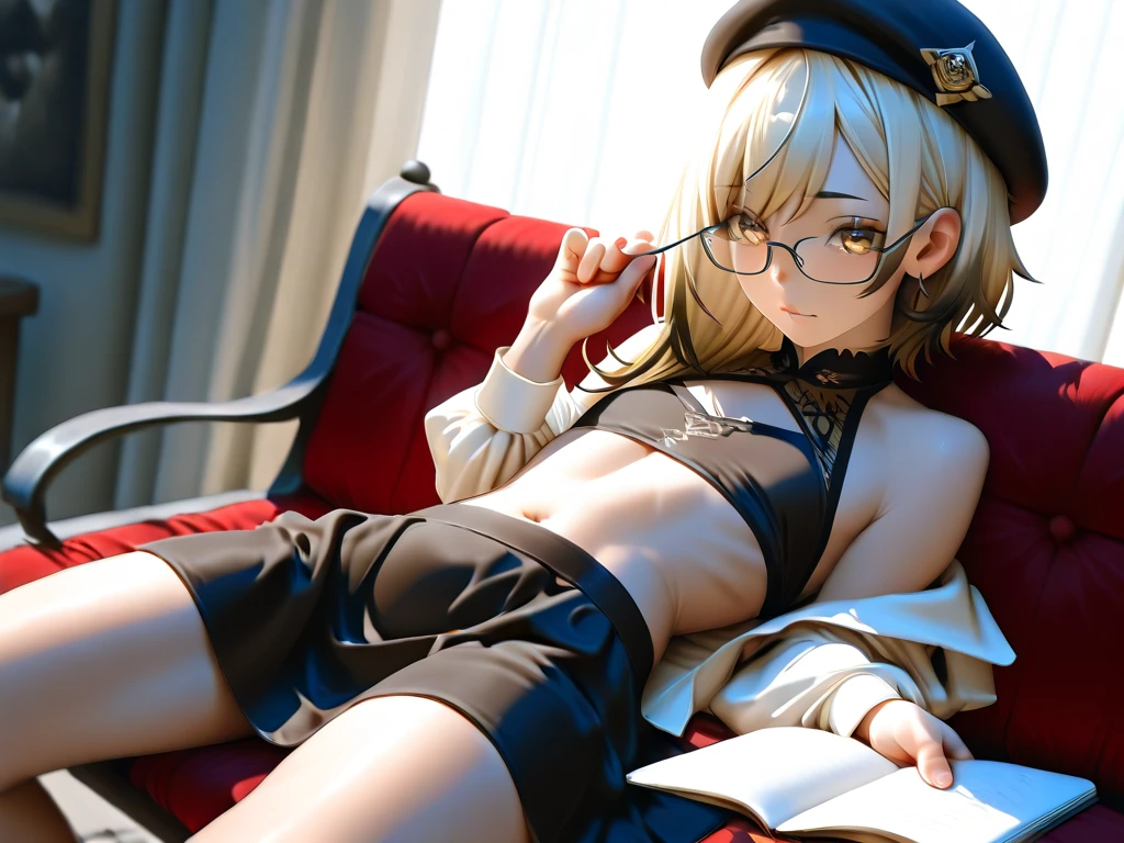 Transparent hair、Golden Eyes、eye glasses、Daughter in her early teens、flat chest、Thin pubic hair、Beautiful open legs、Black military uniform