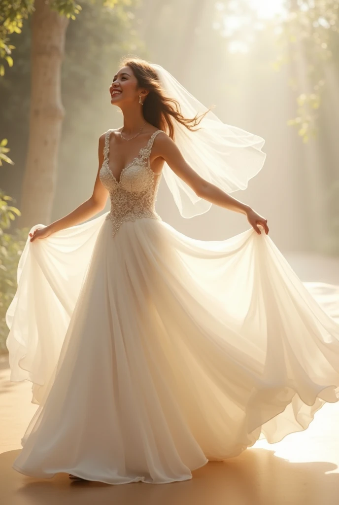 A beautiful girl with a happy and cheerful face, glowing on a bright day, donning a stunning wedding dress adorned with intricate ornaments and bridal makeup. She stands in a picturesque park, running towards you with a warm smile, her hands outstretched in an attempt to reach you.