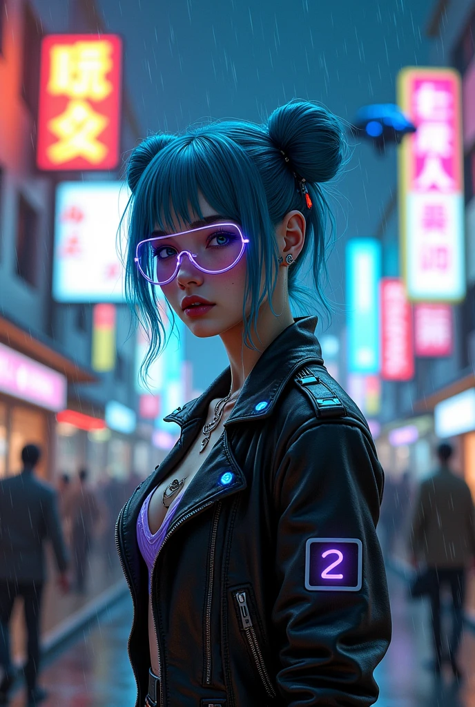 vaporwave,neon lights,masterpiece,finely detailed face,1girl,huge breast,jellyfish girl,greyish-blue short messy hair,cyberpunk,glowing blue eyes,goggles,transparent raincoat,crop top,shorts,city night background,wallpaper,8k,digital art,sparkle,jellyfish floating around,colorful neon lights,rim light,cinematic lighting