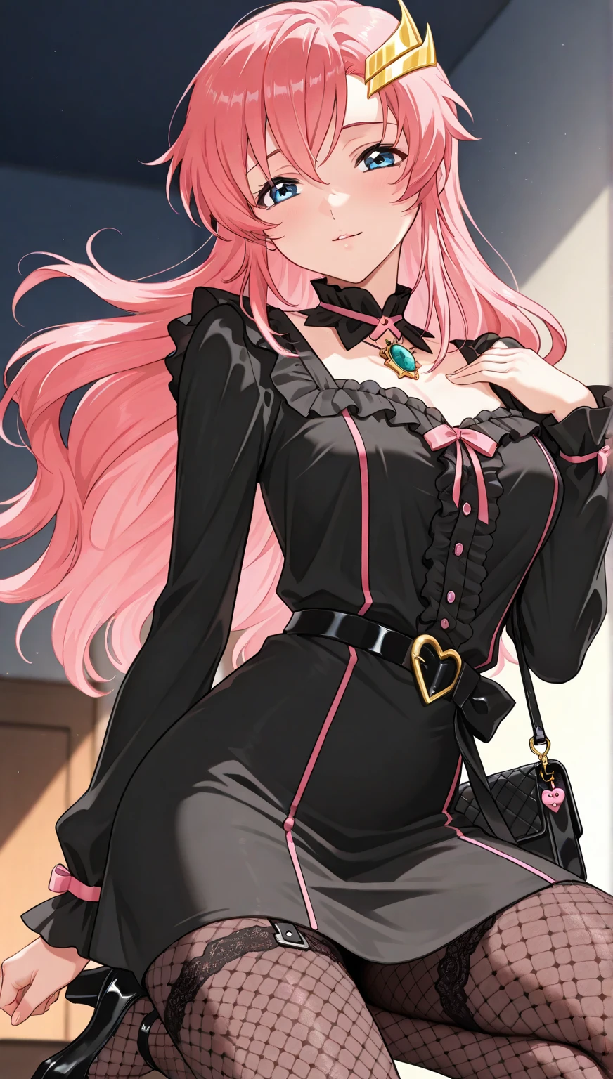 (masterpiece, HI quality: 1.1) 1girl full body standing good face, nice ass, hairstyle: braid, Color Hair: long hair, Blindfolded: NO EYES, Skin: White (porcelain skin, sparkly skin), muscular, thighs, Mature woman, Abs, looks at the viewer smiling, extremely huge breasts, maternal, chest cover with clothes