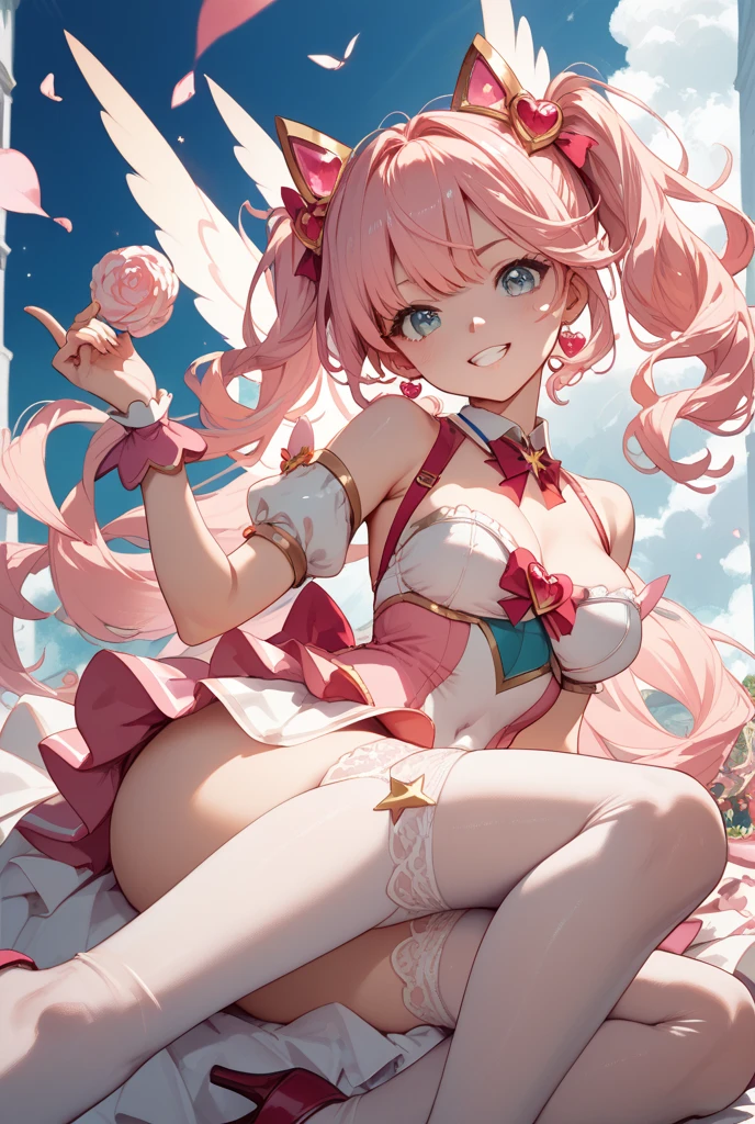 bright skin:1.2+, pink hair++++, twintails++, red eyes+++, plump lips++ thick lips, angel wings+++, heart symbols++++, bow symbol+, halloween pumkin+, red sky, black clouds+, blood splatter++, blooc on face++, streetlight, magical wand+, pink wand+, love wand+, white robe++, jewelry+ short skirt, gold strap+, detailed clothes+, halo++, eyelashes+, evil smirk+++, thick thighs++, pink heels++, detailed shoes+, extremely detailed artgerm, detailed eyes, 4 k digital art, smooth art, close up, lacepantyhose, leaning forward, selfie++, facing forward, front view++, smilling, sexy, perfect hands, realistic hands